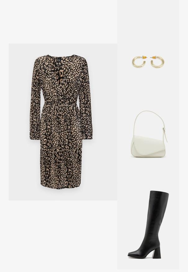 ONLY ONLNISA PLISSE WRAP DRESS - Koktailové šaty/večierkové šaty - black/leo; Čierne kožené vysoké čižmy po kolená s hladkým povrchom, so štvorcovou špičkou a robustným, textúrovaným opätkom. Jednoduchý a elegantný dizajn.; Biela kabelka z umelého kože so štruktúrovaným trojuholníkovým tvarom, jedným nastaviteľným popruhom a prekrytím so zakriveným akcentom.; Zlaté kruhové náušnice s hladkým, zaobleným tvarom a lesklým povrchom. Majú oranžové akcenty na zadnej strane pre bezpečné zapínanie.