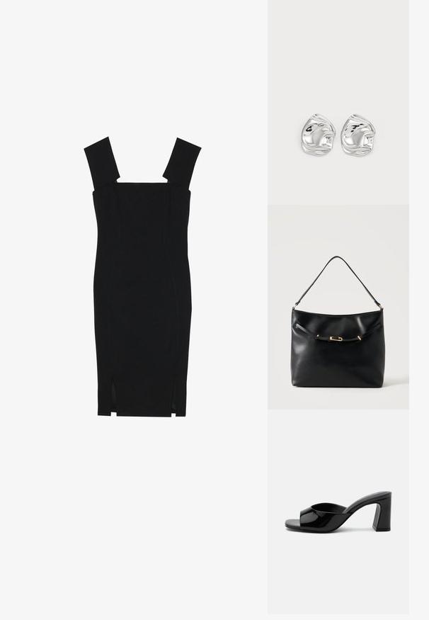 Robe bodycon noire avec un décolleté carré, des bretelles larges et des fentes sur les côtés ; fabriquée en tissu lisse avec une silhouette ajustée.; Mule noire en cuir verni à bout ouvert avec une large bride et un talon bloc mi-haut massif sur fond blanc.; Sac à épaule en cuir noir avec une bandoulière unique et un petit détail de boucle dorée à l'avant, sur un fond clair uni.; Boucles d'oreilles en forme abstraite argentées avec une finition poli, présentant des courbes lisses et des contours subtils. Pas de motifs ou d'accents visibles.