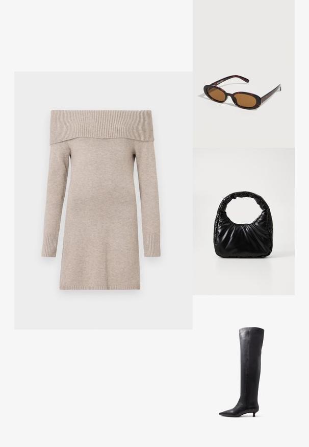 Beige off-shoulder trui, gebreide textuur, lange mouwen, geribbelde halslijn en boorden, lengte tot halverwege de dijen, gladde stofafwerking.; Kniehoge zwarte leren laarzen met een spitse neus en een kleine hak, met een gladde textuur en een minimalistisch ontwerp.; Ovale zonnebril met schildpadmotief, bruine getinte glazen en dunne pootjes, liggend op een wit oppervlak.; Zwarte gevoerde handtas met een ronde handgreep, met een gladde, glanzende oppervlakte en een zachte, gewatteerde textuur. Geen zichtbare metalen onderdelen of accenten.