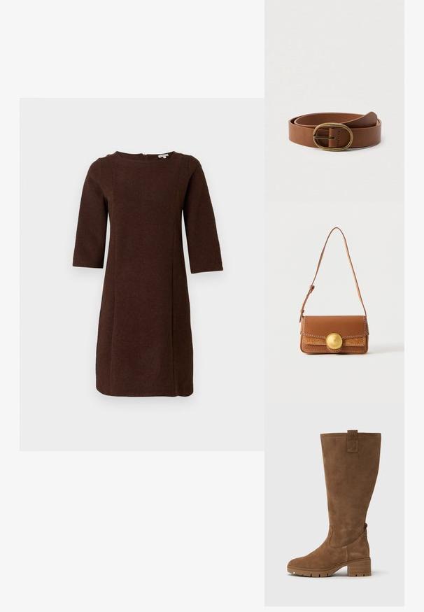Braun, gestricktes Kleid mit Rundhalsausschnitt und drei Viertel-Ärmeln; verfügt über Nahtdetails und einen Reißverschluss hinten.; Tamaris Stiefel - brown; Braune Lederschultertasche mit verstellbarem Riemen, weißer Naht, geprägtem Muster und großem rundem goldfarbenem Verschluss auf der Vorderklappe.; Brauner Ledergürtel mit einer ovalen Messingschnalle, auf einem schlichten weißen Hintergrund präsentiert.