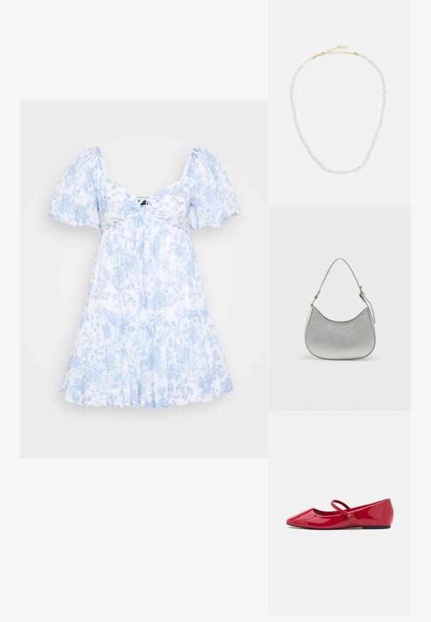 Vestido mini floral en tela blanca con patrones en azul claro, que presenta mangas abullonadas, un escote redondo y un diseño de falda acampanada.; Zapatillas tipo ballet de charol rojo con punta puntiaguda, correa en el tobillo y pequeño adorno redondo en la correa. Suela plana y textura suave.; Bolso de mano de imitación cuero plateado con forma curva, correa corta ajustable y textura suave, que presenta un detalle de costura minimalista.; Collar de perlas con un diseño delicado, que presenta pequeñas perlas blancas y un extensible de cadena dorada con un cierre para longitud ajustable.