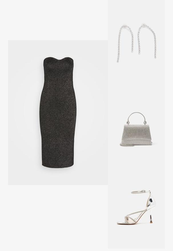Abercrombie & Fitch PARTY STRAPLESS MIDI DRESS - Svetríkové šaty - black; Strieborné sandále na vysokom podpätku s remienkovým dizajnom, trblietavým materiálom, akcentmi z rhinestones a štíhlym členkovým remienkom. Štvorcový špička a lesklý podpätok.; ALDO FELISIA - Kabelka - silver-coloured; Strieborné náušnice s visiace reťazce, zdobené viacerými priehľadnými drahými kameňmi usporiadanými v lineárnom vzore, ktoré poskytujú trblietavý efekt.