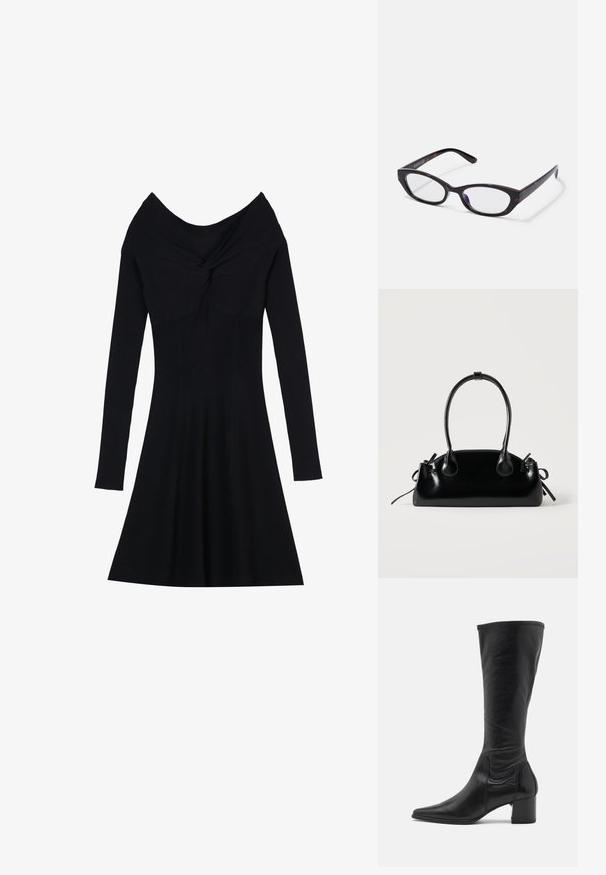 Anna Field by Zalando Gebreide jurk - black; Zwarte leren laars tot de knie met een puntige neus, minimale naaddetails en een chunky vierkante hak. Soepele textuur met een glanzende afwerking.; Cat-eye zonnebril met een glanzend donker tortoise-shell plastic frame, uitgerust met gebogen armen en heldere lenzen. Minimale branding aan de zijkant.; Kleine zwarte glanzende handtas met twee lange hengsels en zijkant trekkoord details op een effen lichte achtergrond.