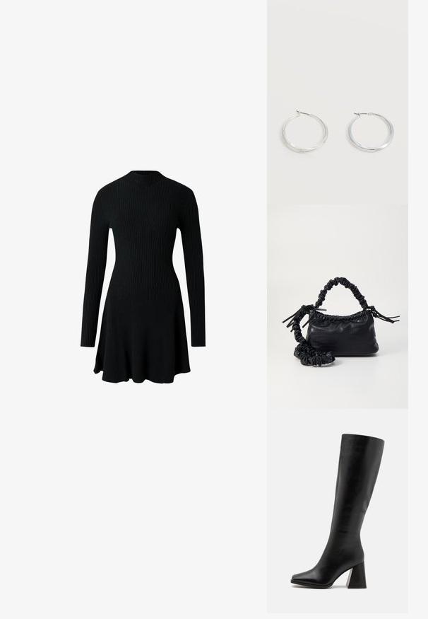 Čierne rebrované pletené šaty s dlhým rukávom, vysokým golierom a rozšíreným lemom sukne.; Čierne kožené vysoké čižmy po kolená s hladkým povrchom, so štvorcovou špičkou a robustným, textúrovaným opätkom. Jednoduchý a elegantný dizajn.; Čierna umelá kožená kabelka s kroko vzorom, sťahovaným vrchom a zhnutým popruhom. Vyzerá mäkko a kompaktné v dizajne.; Strieborné kovové kruhové náušnice s hladkým, mierne zakriveným povrchom a zapínaním na poistku na jednoduchom bielom pozadí.