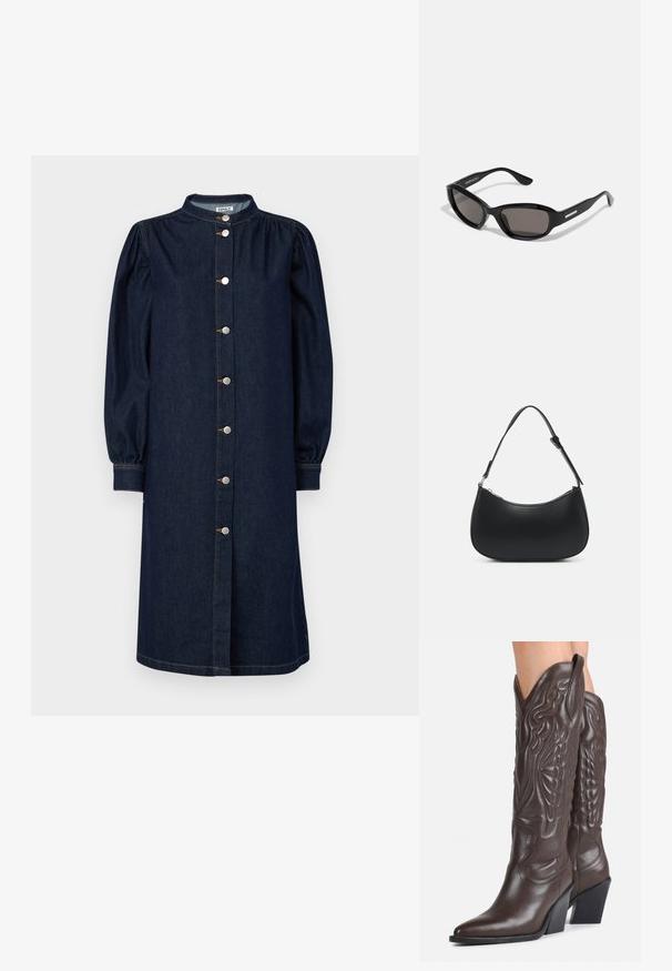 Dunkelblaues Denim-Kleid mit Stehkragen, langen Puffärmeln und einer durchgehenden Knopfleiste mit silbernem Zubehör und dezentem Nähten.; Dunkelbraune knielange Leder-Cowboystiefel mit spitzen Zehen, dekorativen Nähten und schrägen Blockabsätzen, getragen von einer Person.; Schwarze Sonnenbrille mit rechteckigem Rahmen, dunklen Gläsern, glattem Kunststoffmaterial und einem metallischen Akzent am Bügel.; Pieces PCALUANA SHOULDER BAG - Handtasche - black