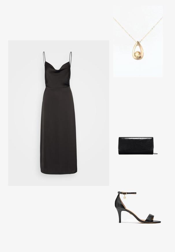 Vestido de satén negro con un cuerpo ajustado, escote ancho y tirantes finos. La falda fluye hasta los tobillos, con una textura suave.; Sandalia de tacón alto de cuero negro con una sola cinta sobre los dedos, cinta en el tobillo, herrajes dorados y un esbelto tacón de aguja.; Clutch de cuero negro con una textura suave, forma rectangular y detalles con borde en la parte delantera. Incluye una correa de cadena desmontable.; DIAMANT L'ÉTERNEL Collar - gold coloured