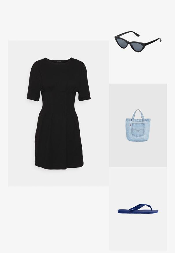 Even&Odd by Zalando Vestido ligero - black; Sandalia flip-flop azul única con suela texturizada y tiras en forma de Y, mostrada de lado sobre un fondo blanco liso.; Gafas de sol negras en forma de ojo de gato con lentes gris oscuro, marco de plástico elegante, esquinas puntiagudas y patillas rectas. Sin herrajes ni acentos visibles.; Bolso tote de mezclilla azul claro con asas dobles y bolsillo delantero con costuras naranjas y una pequeña etiqueta de tela roja.