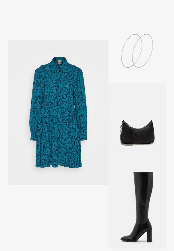YAS YASMINUA SHIRT DRESS - Skjortekjole - deep lake/minua; Knæhøje sorte læderstøvler med spids tå og kraftig hæl. Glat tekstur med minimale detaljer og et tætsiddende skaftdesign.; Sort syntetisk håndtaske med en buet form, sølv kædetræk, lynlåslukning og præget brandlogo på forsiden. Glat tekstur.; Sølvøreringe med et minimalistisk design. Cirkulær form, glat tekstur og tynd profil. Letvægtige med en poleret overflade.