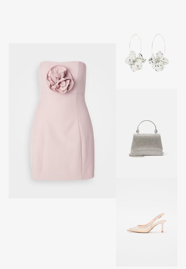 Strapless roze jurk met een textuur bloemaccent aan de linkerkant, getailleerde pasvorm en gladde stof met een minimalistisch ontwerp.; Steve Madden VERO - Hoge hakken - champagne; ALDO FELISIA - Handtas - silver-coloured; Zilveren creolen met grote, gestructureerde vijfbladige bloem bedels die in het midden van elke creool hangen.