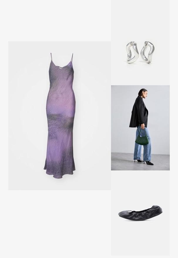 Robe sans manches, ajustée, dans des dégradés de violet et de gris. Tissu lisse avec une texture subtile, tombant à la longueur mi-mollet.; Chaussure plate en cuir noir avec un bout arrondi et un design froncé le long de l'ouverture. Présente un détail discret en métal argenté sur le devant.; DRAGON DIFFUSION ROSANNA - Sac à main - forest; Boucles d'oreilles créoles argentées avec un design torsadé. Bords arrondis et finition brillante. Fermoirs ouverts pour un port facile. Texture lisse sur toute la surface.