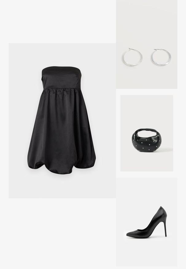 Robe de cocktail en satin noir sans bretelles avec taille froncée et jupe volumineuse à ourlet bouffant.; Escarpin noir en cuir avec un bout pointu et une texture lisse. Dispose d'un talon aiguille fin et d'un décolleté bas.; Sac à main en cuir noir de forme arrondie, décoré de clous argentés et équipé d'une poignée courte. Texture lisse et fermeture éclair.; Boucles d’oreilles créoles en métal argenté avec une surface lisse légèrement incurvée et des fermoirs à clapet sur un fond blanc uni.