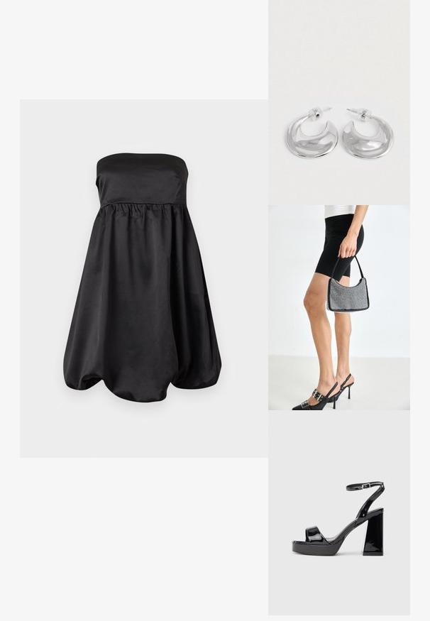 Zwarte satijnen strapless cocktailjurk met geplooide taille en een volumineuze bubbels zoom rok.; Zwarte lakleren platform sandaal met chunky hoge hak en enkelbandje met gespsluiting op een witte achtergrond.; Zwarte beaded handtas met een gebogen silhouet, draaghandvat en glanzende textuur. Draagt bij hoge zwarte hakken en strakke zwarte shorts.; Een paar gepolijste zilveren halve maanvormige creolen met heldere plastic achterkanten op een witte ondergrond.