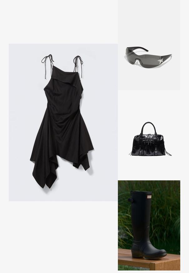 Robe noire asymétrique avec fines bretelles en lien, corsage drapé et ourlet en pointe sur fond gris clair.; Botte en caoutchouc noire montante avec un bout arrondi, un léger talon et une sangle à boucle. Présente le logo "HUNTER" à l'avant.; Lunettes de soleil noires avec un design enveloppant, verres teintés foncés, accents brillants en forme d'étoile et plaquettes de nez ajustables.; Sac à main en cuir noir brillant avec deux poignées, poche avant zippée, sangles décoratives et ferrures métalliques argentées.