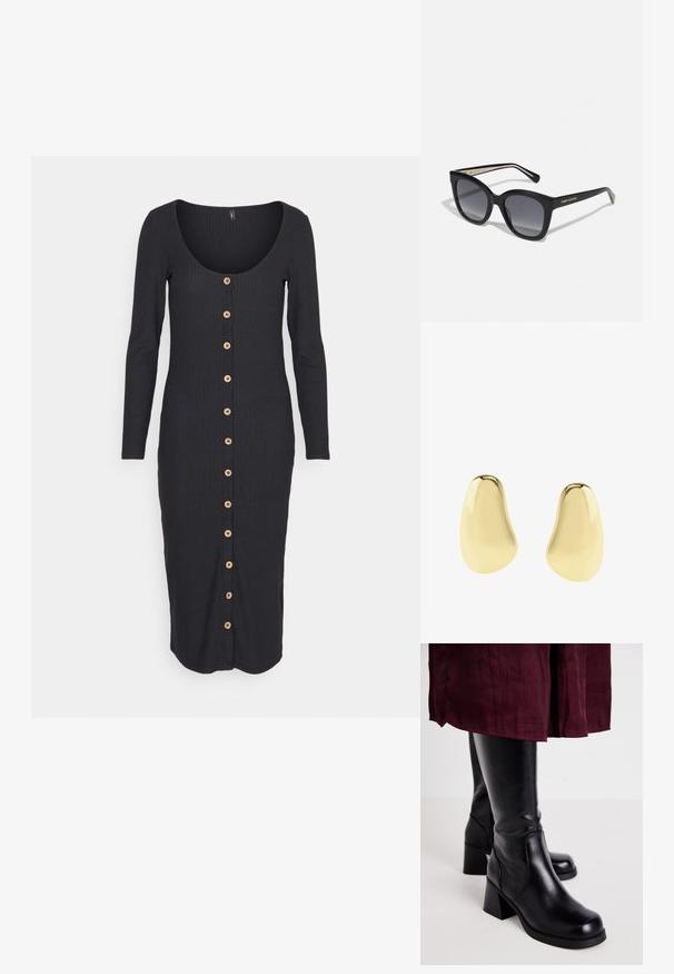 ONLY ONLNELLA BODYCON BUTTON DRESS - Etuikleid - black; Schwarze kniehohe Stiefel mit einer glatten Lederoberfläche, rechteckigen Blockabsätzen und seitlichen Nähdetails, kombiniert mit einem kastanienbraunen Rock.; Schwarze übergroße quadratische Sonnenbrille mit verlaufenden, dunklen Gläsern und goldenem "Tommy Hilfiger"-Logo auf den Bügeln.; Asymmetrische, glatte, glänzende goldene Steckerohrringe mit unregelmäßigen, abgerundeten Formen auf einem weißen Hintergrund.