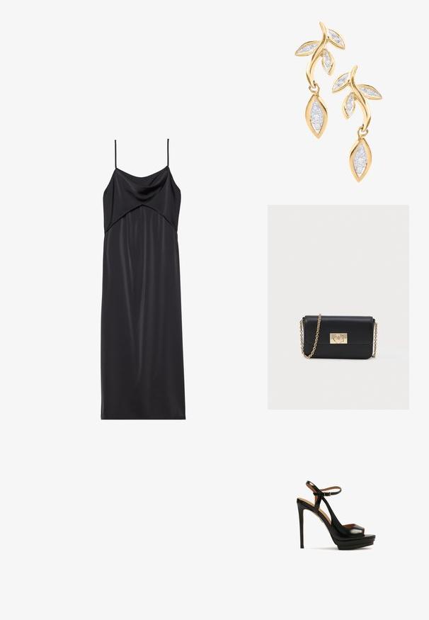 Vestido recto de satén negro con finas tirantes de spaghetti, escote drapeado y silueta recta. Textura suave y diseño minimalista.; Sandalia negra de tacón alto con punta abierta, tira en el tobillo, material de cuero brillante, base de plataforma y tacón stilettos. Detalle de hardware dorado.; Bolso de piel negra tipo bandolera con correa de cadena dorada y cierre rectangular dorado en la parte delantera, sobre un fondo claro y liso.; DIAMANT L'ÉTERNEL Pendientes - gold coloured