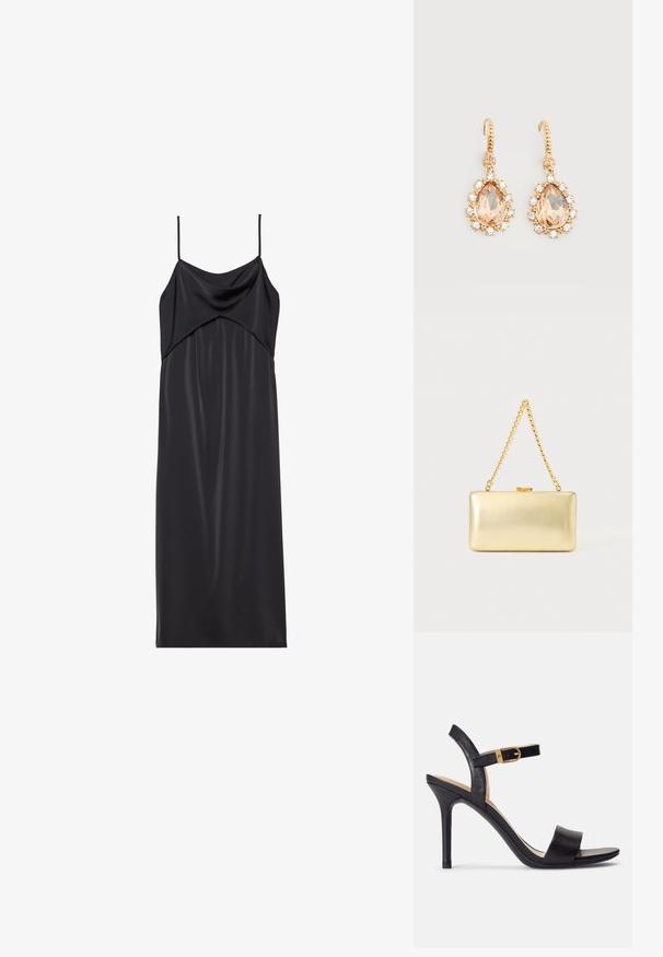 Vestido recto de satén negro con finas tirantes de spaghetti, escote drapeado y silueta recta. Textura suave y diseño minimalista.; Sandalias de tacón alto negras con parte superior de cuero suave, punta abierta y diseño de tira única con un detalle de hebilla dorada.; Bolso de mano dorado rectangular con acabado brillante, cierre metálico y asa corta de cadena dorada sobre un fondo claro y liso.; Pendientes de gancho dorados con grandes piedras en forma de lágrima color melocotón, rodeadas de pequeños cristales transparentes sobre un fondo blanco liso.