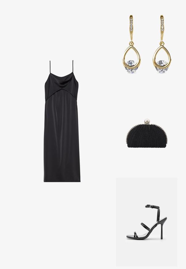 Schwarzes Satin-Nachthemd mit dünnen Spaghettiträgern, einem drapierten Ausschnitt und einer geraden Silhouette. Glatte Textur und minimalistisches Design.; Schwarze Lackleder-High-Heel-Sandalen mit drei horizontalen Riemen und einem verstellbaren Knöchelriemen. Schlanke Silhouette und glänzende Oberfläche.; Schwarze Abend-Clutch mit strukturiertem Stoff, eingefasst von einer Reihe kleiner Perlen und einem großen Perlenverschluss oben.; Goldene Tropfenohrringe mit runden, klaren Edelsteinen an der Basis. Texturierter Oberbereich mit kleinen, runden Akzenten entlang des Creolen.