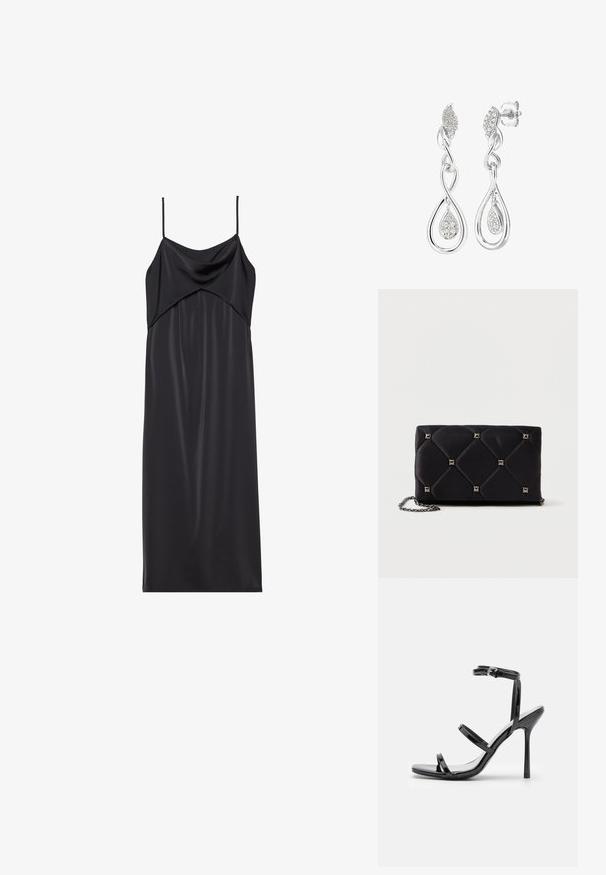 Sort satin slip kjole med tynde spaghetti stropper, en draperet halsudskæring og en lige silhuet. Glat tekstur og minimalistisk design.; Sorte patentlæder højhælede sandaler med tre horisontale stropper og en justerbar ankelstrop. Elegant silhuet og skinnende finish.; Sort, kviltet satin clutch med sølvfarvede pyramidespidser, kædetræk, rektangulær form og glat overflade. Dimensioner: 10 cm x 18 cm x 4 cm.; Sølvøreringe med et buet design, et bladmotiv og en dråbeform, dekoreret med små klare ædelstene for glans.