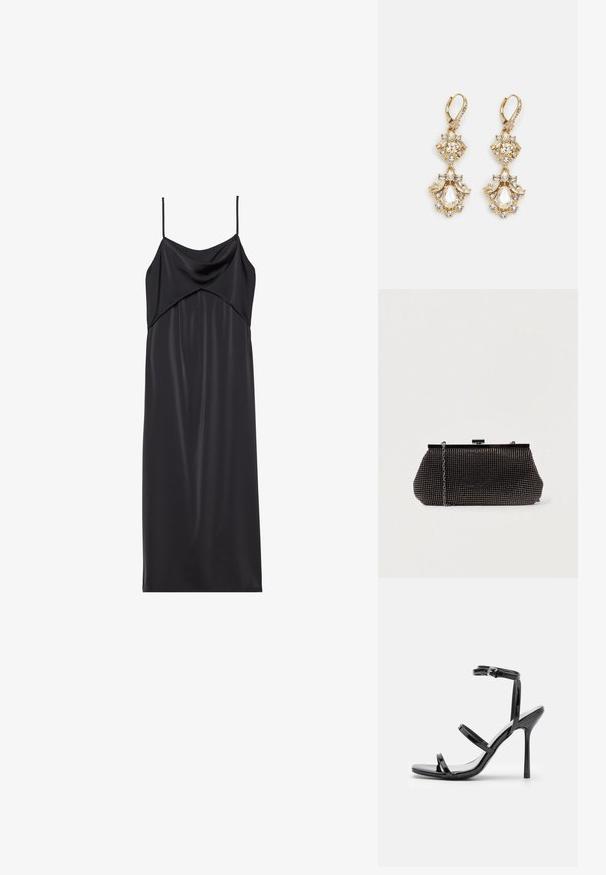 Schwarzes Satin-Nachthemd mit dünnen Spaghettiträgern, einem drapierten Ausschnitt und einer geraden Silhouette. Glatte Textur und minimalistisches Design.; Schwarze Lackleder-High-Heel-Sandalen mit drei horizontalen Riemen und einem verstellbaren Knöchelriemen. Schlanke Silhouette und glänzende Oberfläche.; Schwarze Mesh-Clutch mit strukturierter Silhouette, verziert mit kleinen metallic-nieten, besitzt einen Verschluss mit Klappe und einen abnehmbaren Kettenriemen.; Ohrringe mit Gold-Finish im Design eines Clusters, das runde und tropfenförmige klare Kristalle zeigt und aufwendige Details präsentiert.