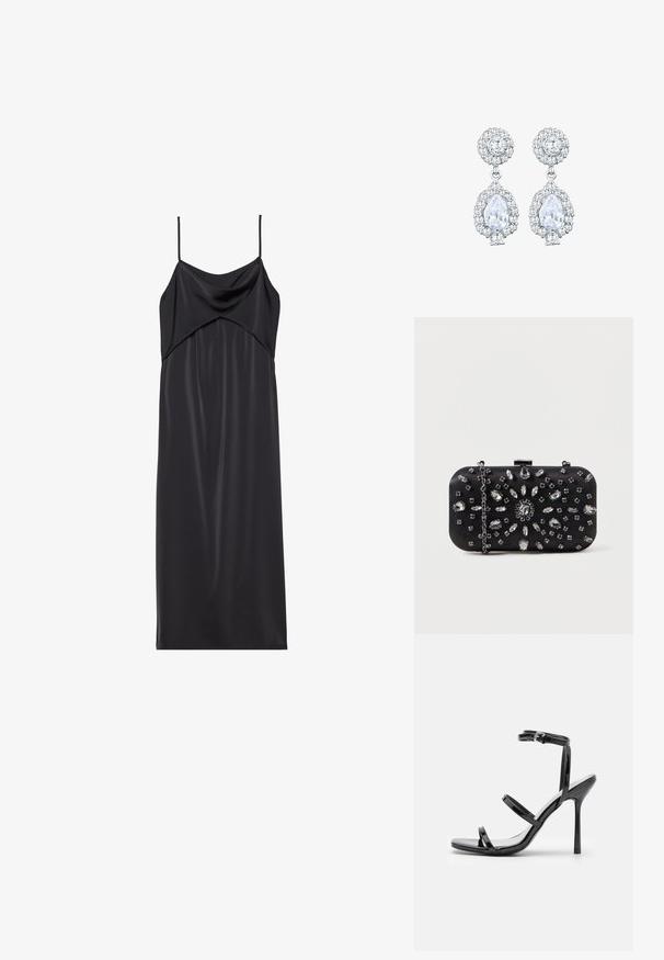 Sort satin slip kjole med tynde spaghetti stropper, en draperet halsudskæring og en lige silhuet. Glat tekstur og minimalistisk design.; Sorte patentlæder højhælede sandaler med tre horisontale stropper og en justerbar ankelstrop. Elegant silhuet og skinnende finish.; Sort clutch i rektangulær form, pyntet med forskellige rhinsten i et blomsterdesign, med en sølvkæde til at bære.; Sølvfarvede øreringe med en rund stud med pavé-indstilling og en pæreformet dråbe omgivet af mindre sten, hvilket fremhæver en funkende effekt.