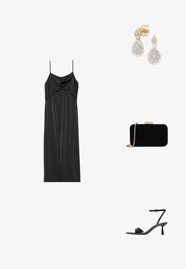 Robe nuisette en satin noir avec de fines bretelles spaghetti, un décolleté drapé et une silhouette droite. Texture lisse et design minimaliste.; Bershka Sandales à talons hauts - black; Pochette en velours noir avec quincaillerie dorée, de forme rectangulaire, et une bandoulière en chaîne, présentant une texture lisse et sans motifs visibles.; Boucles d'oreilles en forme de goutte d'eau présentant un cadre doré avec des accents en argent, ornées de plusieurs petites pierres rondes étincelantes disposées de manière décorative.