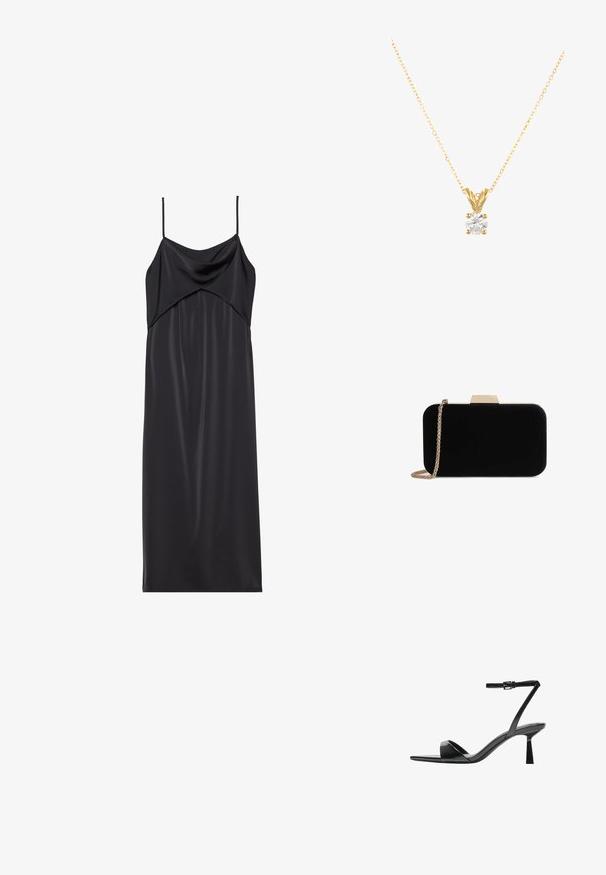 Zwarte satijnen slipdress met dunne spaghettibandjes, een gedrapeerde halslijn en een rechte silhouet. Gladde textuur en minimalistisch ontwerp.; Bershka Sandalen met hoge hak - black; Zwarte fluwelen clutch met gouden hardware, rechthoekige vorm en kettingband, met een zachte textuur en zonder zichtbare patronen.; DIAMANT L'ÉTERNEL Hanger - gold coloured