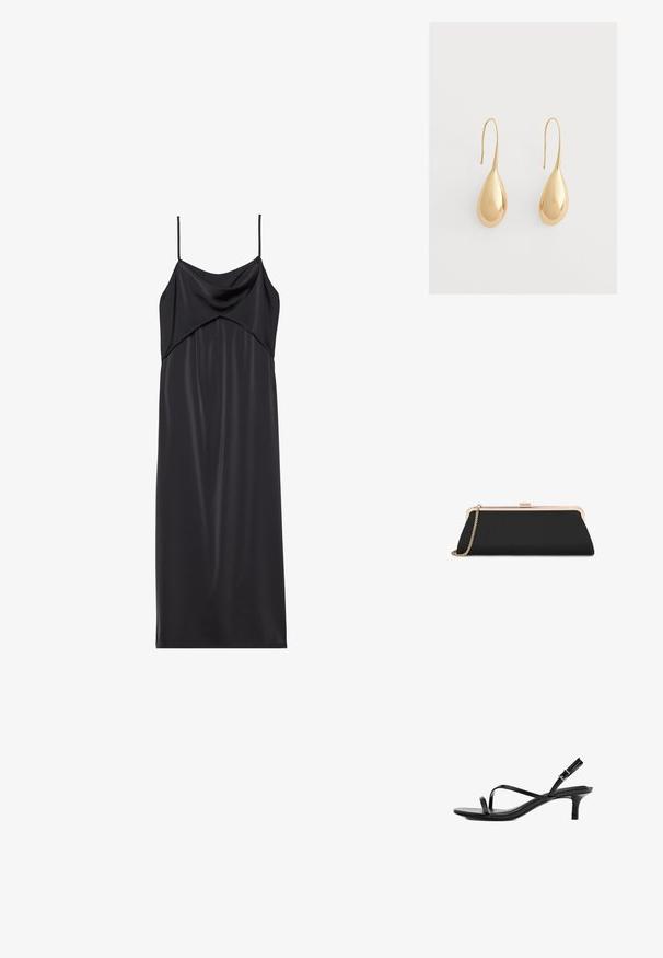Robe nuisette en satin noir avec de fines bretelles spaghetti, un décolleté drapé et une silhouette droite. Texture lisse et design minimaliste.; Sandale femme en cuir noir avec fines brides croisées, boucle arrière, bout carré et petit talon kitten sur fond blanc.; Pochette rectangulaire noire avec cadre en métal doré et bandoulière chaîne sur fond blanc.; Paire de boucles d’oreilles dorées brillantes en forme de goutte avec crochet sur un fond gris clair uni.