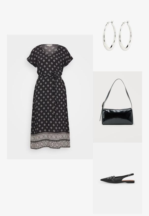 Schwarzes Maxikleid mit kurzen Ärmeln, V-Ausschnitt und einem gemusterten weißen Diamantdesign. Es hat eine gebundene Taille und einen kontrastierenden gemusterten Saum.; Schwarze Leder-Slingback-Ballerina mit spitzem Zeh, ausgestattet mit zwei horizontalen Riemen und quadratischen silbernen Schnallen, mit flachem Absatz und glatter Oberfläche.; Schwarze rechteckige Schultertasche mit einem verstellbaren Riemen und einem oberen Reißverschluss vor einfachem Hintergrund.; Silberne Creolen mit einer glatten, glänzenden Oberfläche. Kreisform, ausgestattet mit einem sicheren Verschluss. Einfaches und elegantes Design.