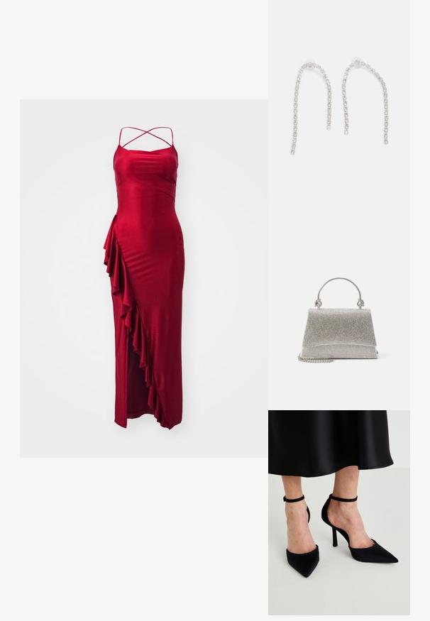 Rotes Satin-Maxikleid mit verstellbaren, über Kreuz laufenden Trägern, seitlichem Rüschendetail und taillierter Silhouette. Glatte Textur, elegantes Design.; Schwarze spitze High Heels aus glattem Stoff mit einem Stiletto-Absatz und einem schmalen Knöchelriemen, mit einem offenen Seitendesign.; ALDO FELISIA - Handtasche - silver-coloured; Silberohrringe mit herabhängenden Ketten, die mehrere klare Edelsteine in einem linearen Muster angeordnet haben und einen schimmernden Effekt bieten.