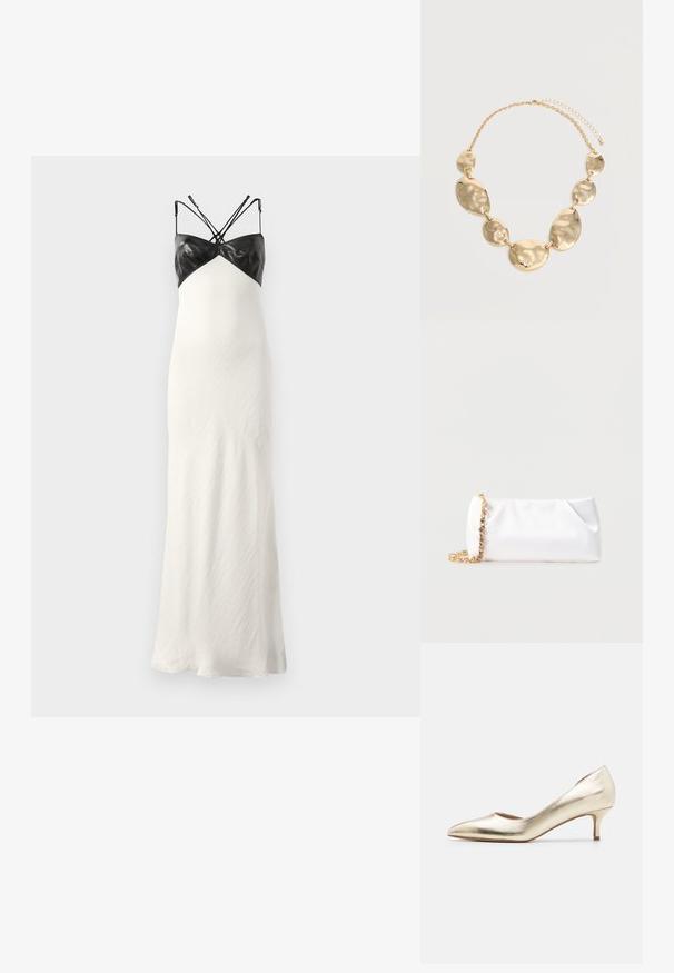 Witte maxi-jurk met een aansluitende zwarte leren corsage, dunne verstelbare spaghettibandjes en een gestructureerde stoffen rok die vloeiend valt.; Metallische gouden hoge hakpomp met een spitse teen, slanke hak, een gladde textuur en minimale stikseldetails op de bovenkant.; Witte zachte clutchtas met goudkleurige kettingriem versierd met heldere edelstenen, geplaatst tegen een effen lichtgrijze achtergrond.; Goudkleurige ketting met zes onregelmatige, hamerslag ovale en ronde metalen platen aan elkaar gekoppeld en verstelbare sluiting.