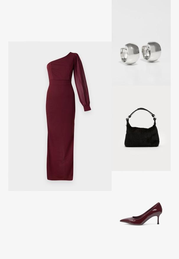 Vestido de noche burdeos con diseño de un solo hombro, que presenta un corsé ajustado y una larga manga de globo transparente. Textura suave, longitud hasta el suelo.; Woden WODEN - Tacones - cherry; Bolso de mano de piel sintética negra con una textura suave, forma redondeada y una resistente correa de cuero negro para el hombro. Acentos de herrajes plateados visibles.; Uncommon Matters SCULPTURAL LARGE CREOLE - Pendientes - silver-coloured