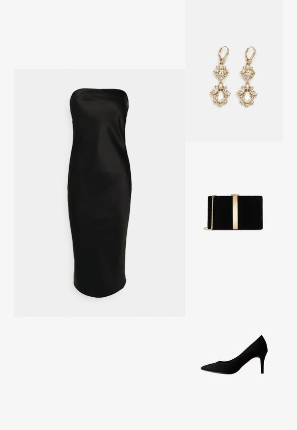 Gina Tricot TUBE MIDI DRESS - Vestido de cóctel - black; Zapato de salón de ante negro con tacón alto, punta puntiaguda y textura suave, con un tacón delgado y costuras sutiles a lo largo de los bordes.; Clutch de terciopelo negro con un acento metálico en tono dorado en el centro, que presenta una cadena y una forma rectangular elegante.; Pendientes colgantes en tono dorado con un diseño de racimo que incluye cristales claros en forma redonda y de lágrima, mostrando un detallado intrincado.