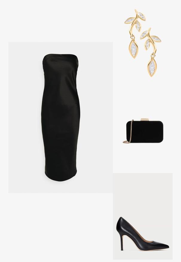 Gina Tricot TUBE MIDI DRESS - Koktailové šaty/večierkové šaty - black; Čierne kožené lodičky na vysokom opätku s ostrou špičkou a štíhlym stiletto opätkom. Hladký povrch a minimálne detaily vytvárajú klasický dizajn.; Čierna zamatová listová taška so zlatým kovovým doplnkom, obdĺžnikový tvar a reťazový popruh, s hladkou textúrou a bez viditeľných vzorov.; DIAMANT L'ÉTERNEL Náušnice - gold coloured