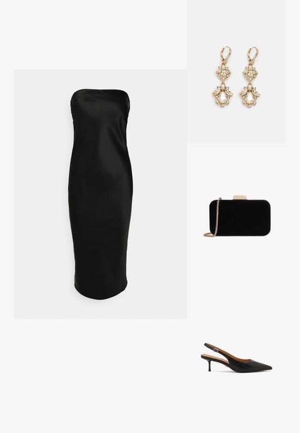 Gina Tricot TUBE MIDI DRESS - Kokteilikleit/peokleit - black; Mustast nahast rihmluku ja kontsaga naiste king, millel on terav nina, õhuke konts ja reguleeritav pahkluu rihm; sile pind ja minimaalne detail.; Mustvalgest sametist kott kuldtooni detailidega, ristküliku kujuga ja kettstrapiga, omades siledat tekstuuri ega nähtavaid mustreid.; Kuldtooniga ripatsiga kõrvarõngad, mis esitlevad klastridisaini, millel on ümmargused ja tilgasjad selgelt kristallid, näidates keerukat detaili.