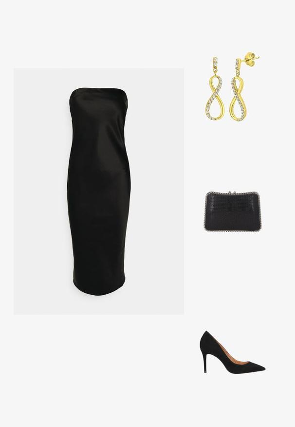 Gina Tricot TUBE MIDI DRESS - Cocktailkjole / festkjole - black; Sorte ruskinds stiletter med spidse tæer, elegant design og stilethæle. Har en glat indvendig foring.; Lille sort tekstureret clutch-pung med sølvmetalramme og lås på toppen, vist mod en hvid baggrund.; Guldtonede øreringe formet som et stiliseret uendelighedssymbol, prydet med klare, rundslibede krystaller langs kanterne. Med stiftlukning.