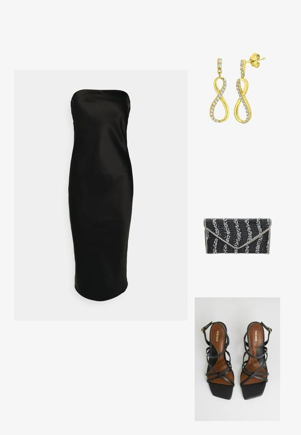 Gina Tricot TUBE MIDI DRESS - Cocktailkjole / festkjole - black; Sorte hælede sandaler med flere smalle stropper, firkantet tå, brune indersåler og en guldbeslag detalje på ankelstroppen.; Sort clutch med tekstureret overflade, der har bølge mønstre, pyntet med hvide rhinsten langs designet. Sølv hardware detajler.; Guldtonede øreringe formet som et stiliseret uendelighedssymbol, prydet med klare, rundslibede krystaller langs kanterne. Med stiftlukning.