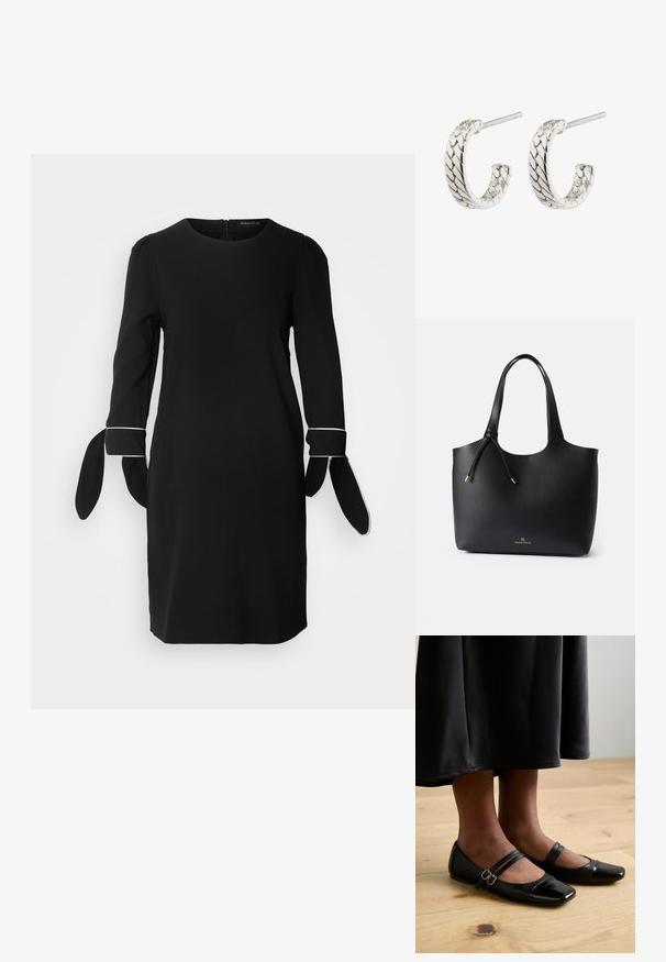 Zwarte jurk met lange mouwen, met pofdetails en strikaccenten bij de manchetten. Eenvoudig ontwerp en gladde textuur. Rits aan de achterkant.; Zwarte gepatineerde leren ballerina's met een vierkante neus, voorzien van twee banden met gespen. De zolen zijn plat op een lichte houten vloer.; Zwarte leren totebag met een gladde textuur, open bovenkant, twee schouderbanden en een subtiele gouden logo aan de onderkant. Kenmerkt een trekkoordsluiting.; Zilveren oorringen met een gevlochten patroon, voorzien van een gestructureerd oppervlak, een sluiting met een pin, een gebogen ontwerp en een gepolijste afwerking.