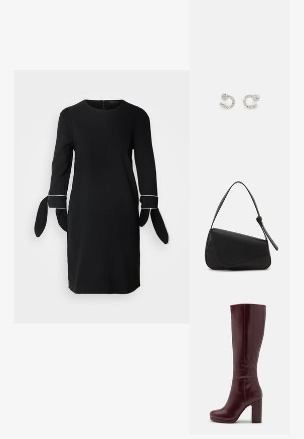 Sort kjole med lange ærmer, der har puffdetaljer og båndaksenter ved manchetterne. Enkel design og glat tekstur. Lynlås lukning i ryggen.; Anna Field by Zalando Højhælede støvler - red; Sort læderhåndtaske med en triangular form, skrå klap og et rundt håndtag. Har en glat overflade og minimalistiske design detaljer.; Sølvøreringe formet som et buet bogstav C, prydet med klare, runde rhinsten langs kanten. Glat metallisk tekstur.