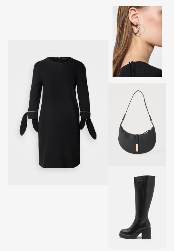 Robe noire à manches longues, comportant des détails bouffants et des accents à nouer aux poignets. Design simple et texture lisse. Fermeture éclair au dos.; Zign LEATHER - Bottes à talons hauts - black; Sac à main noir en forme de croissant avec une bandoulière unique, une fermeture éclair dorée et une languette décorative rectangulaire dorée à l'avant.; Boucle d'oreille en argent avec une finition polie, présentant de petits détails en or et de forme ronde, portée sur le lobe.