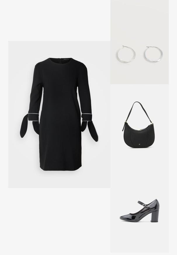 Robe noire à manches longues, comportant des détails bouffants et des accents à nouer aux poignets. Design simple et texture lisse. Fermeture éclair au dos.; Chaussure à talon haut en cuir verni noir avec un bout rond, une bride de cheville et un talon carré. Fini brillant avec une texture lisse.; Sac à main en cuir noir avec une forme courbée, surface texturée, coutures avant et un logo doré. Il est doté d'une seule sangle ajustable.; Boucles d’oreilles créoles en métal argenté avec une surface lisse légèrement incurvée et des fermoirs à clapet sur un fond blanc uni.
