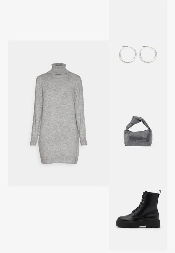 JDY JDYLIBBYROLL NECK DRESS - Strikkjoler - medium grey melange; Sort læder ankelstøvle med en tykk, tekstureret sål, rund tå og metaløjer til snørebånd. Har en løkke bagpå.; Sorte og sølv håndtaske med en tekstureret overflade, der har et diamantmønster, en knyttet håndtag og en struktureret form.; Sølv hoops øreringe har et glat, afrundet design med en slank profil og sikker spænde. Minimalistisk stil med en poleret finish.