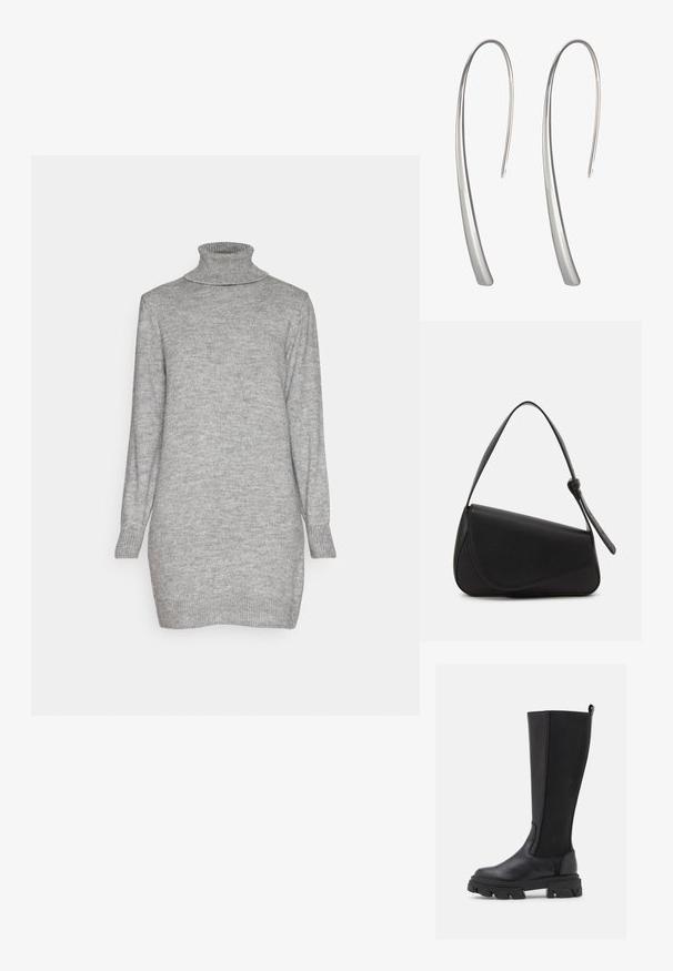 JDY JDYLIBBYROLL NECK DRESS - Strikkjoler - medium grey melange; Svarte knæhøje støvler med en glat læderforan og en tekstureret stofbag, med en kraftig sål med hak og en strop til nem påtagning.; Sort læderhåndtaske med en triangular form, skrå klap og et rundt håndtag. Har en glat overflade og minimalistiske design detaljer.; Lange sølv dråbeøreringe med et slankt, forlænget design og en glat, poleret overflade. Har en minimalistsk buet form.