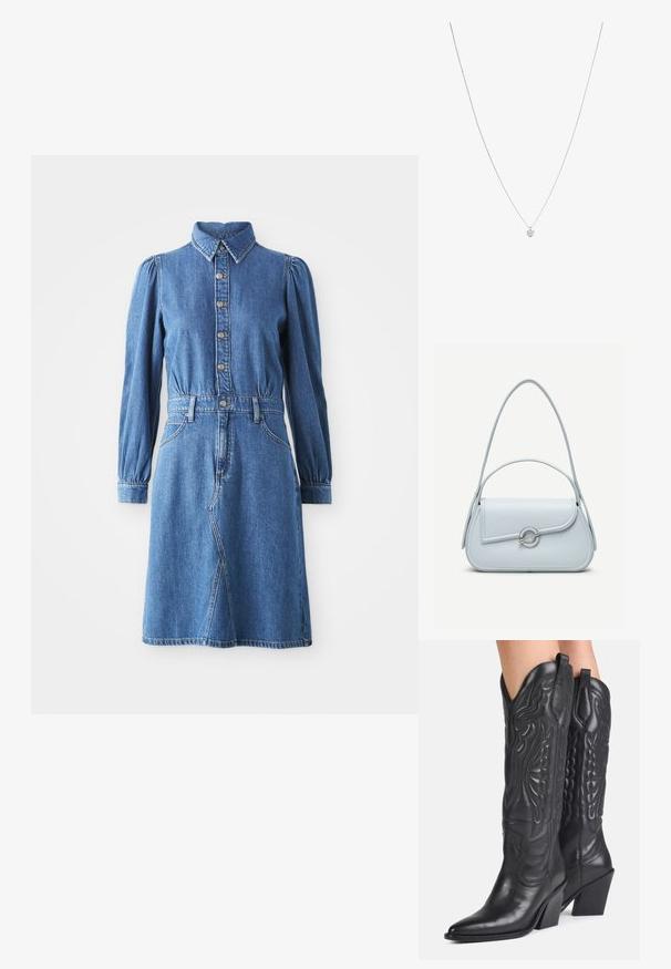 Denim jurk met een knoopsluiting aan de voorkant, kraag en lange pofmouwen. Kenmerken zijn een aansluitende taille, twee zijzakken en een uitlopende rok.; Zwarte leren cowboylaarzen met spitse neuzen, decoratieve stiksels en schuine blokhakken gedragen door een persoon.; Lichtblauwe leren handtas met een afgeronde klep, zilveren ronde sluiting en twee schouderbanden tegen een effen achtergrond.; Zilveren ketting met een fijne schakel en een kleine, gladde hartbedel. De bedel heeft een gepolijste afwerking en hangt centraal.