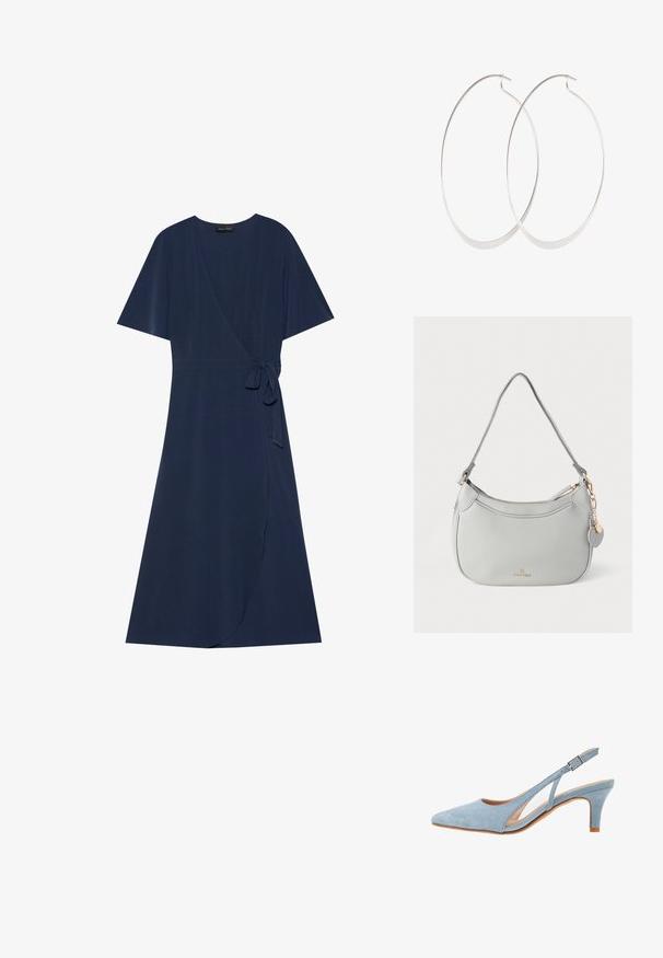 Marineblaue Wickelkleid mit kurzen Ärmeln, Bindedetail an der Taille und fließender A-Linie. Glatte Stoff mit einer subtilen Textur.; Himmelblauer Suede Slingback-Absatzschuh, spitze Zehenform, verstellbarer Knöchelriemen mit metallischer Schnalle, natürliche beige Innensohle und niedriger Absatz.; Graue Lederhandtasche mit geschwungener Form, goldfarbenen Beschlägen und einem dekorativen Anhänger. Verfügt über einen Reißverschluss und einen einzelnen Schulterriemen.; Silberne Creolen mit einem dünnen, glatten Design; länglich-ovale Form; polierte Oberfläche; ausgestattet mit einem sicheren Hakenverschluss.