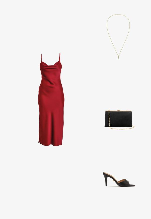 Rotes Satinkleid mit schlanken Trägern, einem Wasserfallausschnitt und einer figurbetonten Silhouette, die bis zu einem Midikleidsaum in mittlerer Wadenlänge fließt. Glatte Textur.; Schwarze offene High-Heel-Mules mit einem glatten Leder-Obermaterial, mandelförmiger Vorderseite und einem eleganten Stiletto-Absatz. Sichtbares Detail in Goldoptik.; Schwarze, strukturierte Clutch mit goldenem Metallrahmen und angebrachtem goldfarbenen Kettenriemen auf weißem Hintergrund.; Zarte Goldkette mit einem einzelnen runden klaren Edelsteinanhänger, zentriert auf weißem Hintergrund.
