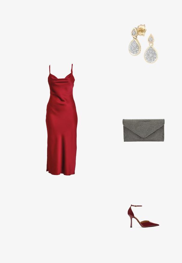 Vestido de satén rojo con tirantes delgados, escote drapeado y una silueta ajustada que cae hasta un dobladillo de longitud media hasta la pantorrilla. Textura suave.; Zapato de tacón alto burdeos con un acabado brillante, puntera afilada, correa al tobillo con una hebilla dorada y un tacón de aguja esbelto.; Pañuelo negro con un patrón texturizado de tachuelas y cierre tipo sobre, que presenta una forma rectangular elegante y sin herrajes visibles.; Pendientes en forma de lágrima con un marco dorado y acentos plateados, adornados con múltiples piedras redondas brillantes en una disposición decorativa.