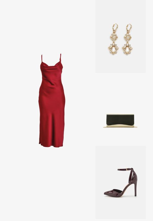 Vestido de satén rojo con tirantes delgados, escote drapeado y una silueta ajustada que cae hasta un dobladillo de longitud media hasta la pantorrilla. Textura suave.; Zapato de charol burdeos de tacón alto con punta afilada, correa en el tobillo y un tacón de 10 cm tipo stiletto. Textura suave y detalles mínimos.; Bolso de mano con una parte superior negra suave y un fondo metálico dorado, que presenta un diseño de borde redondeado y una correa de cadena dorada.; Pendientes colgantes en tono dorado con un diseño de racimo que incluye cristales claros en forma redonda y de lágrima, mostrando un detallado intrincado.