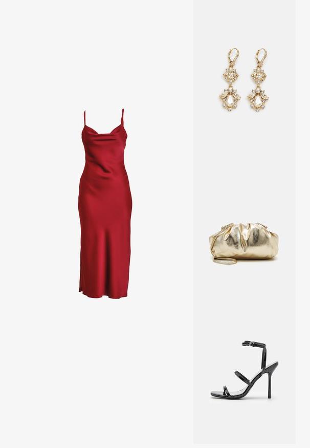 Vestido de satén rojo con tirantes delgados, escote drapeado y una silueta ajustada que cae hasta un dobladillo de longitud media hasta la pantorrilla. Textura suave.; Sandalias de tacón alto de charol negro con tres tiras horizontales y una correa en el tobillo ajustable. Silueta elegante y acabado brillante.; Bolso de mano metálico dorado con una textura arrugada, forma redondeada suave y una correa de cadena desmontable. Presenta un diseño fruncido en la parte superior.; Pendientes colgantes en tono dorado con un diseño de racimo que incluye cristales claros en forma redonda y de lágrima, mostrando un detallado intrincado.