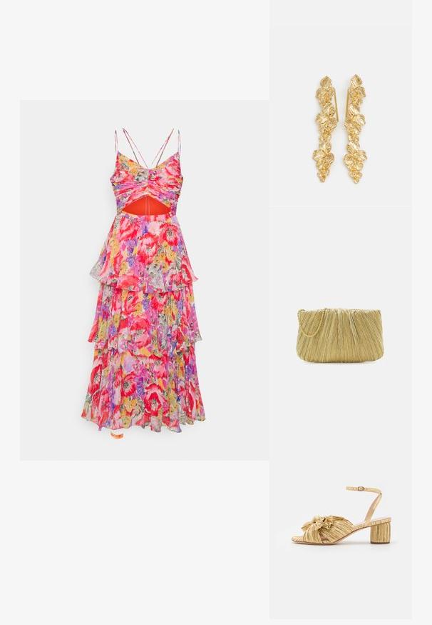AMUR LUKE PLEATED TIER DRESS - Cocktailjurk - poppy field pastel floral; Gouden sandalen met hakken, voorzien van een textuur en geplooid ontwerp met een opvallende strikdetail. Enkelbandje met verstelbare gesp, medium blokhak.; Loeffler Randall BRIT PLEATED FLAT - Clutch - gold-coloured; Gouden oorbellen ontworpen als watervallen van bladeren, met gedetailleerde bladvormen en een glanzende metalen afwerking. Lichtgewicht met een delicate structuur.