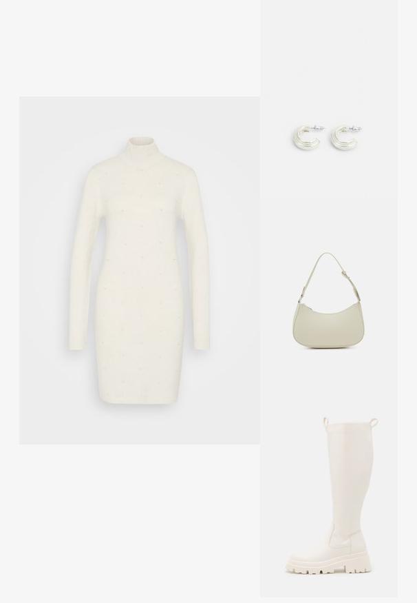 VILA VIEMILY PEARL DRESS - Strickkleid - birch; Knöchelhohe weiße Gummistiefel mit einer robusten Sohle und elastischen seitlichen Einsätzen. Verfügt über Zuglaschen an der Oberseite für leichteres Anziehen. Glatte Textur.; Pieces PCALUANA SHOULDER BAG - Handtasche - birch; Ohrringe in silberfarbener Ausführung mit einem gedrehten Ohrringdesign, das eine strukturierte Oberfläche und gerippte Details aufweist, gesichert mit einem Steckverschluss.